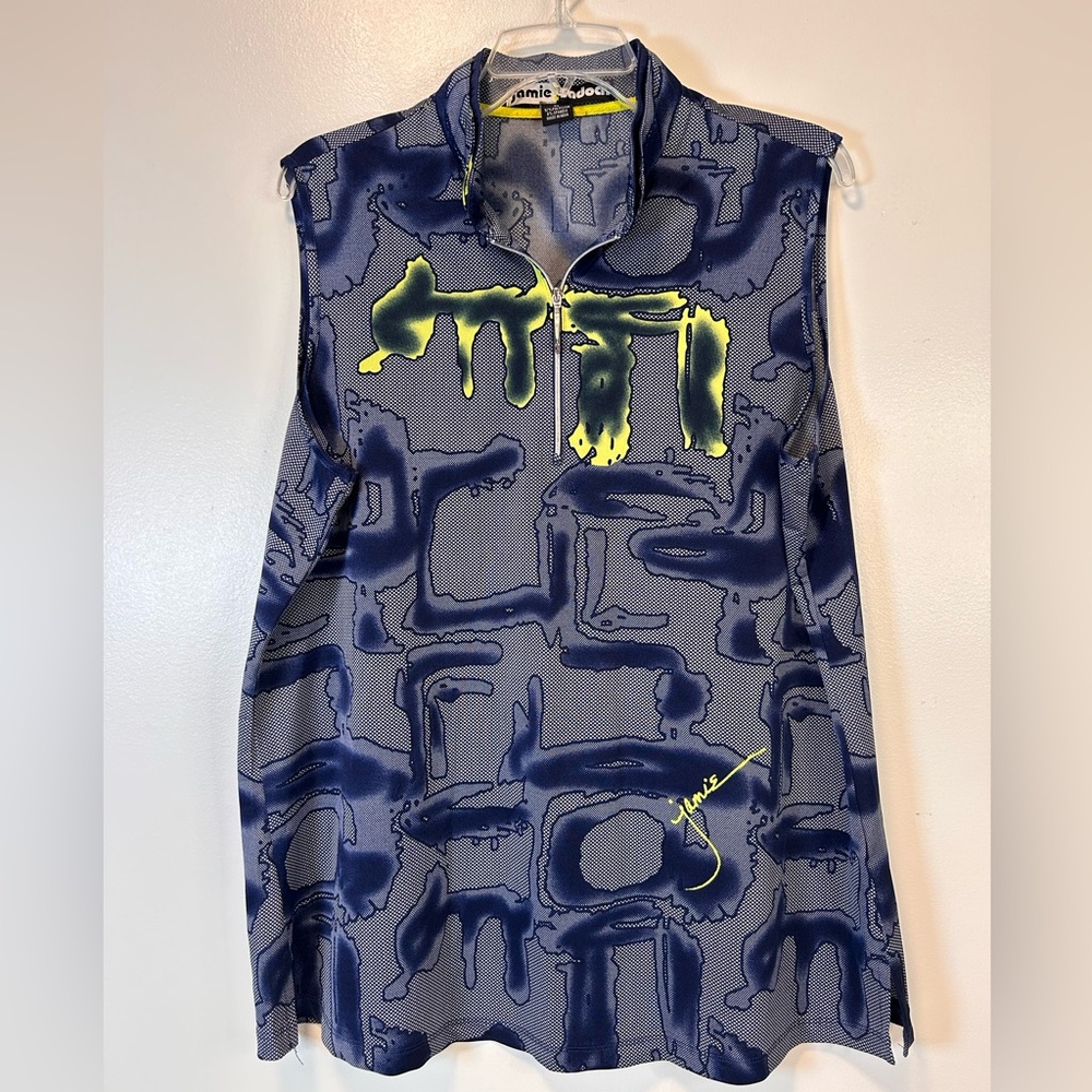 Jamie Sadock Abstract Navy and Neon Yellow Sleeveless Golf Top Women’s XL